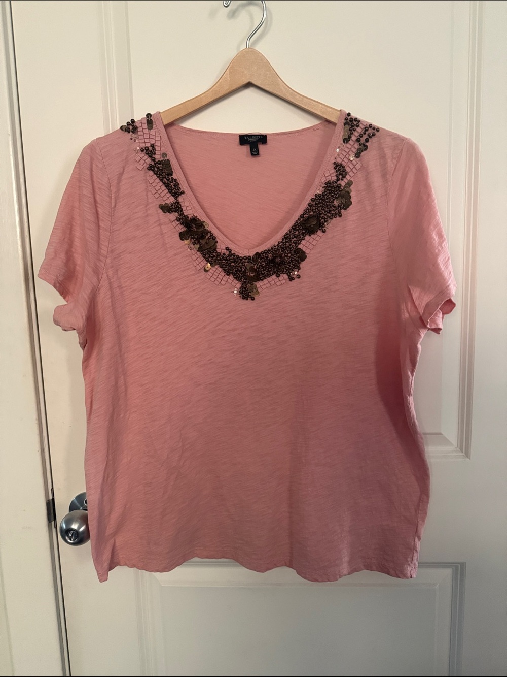 Talbots Rose Pink Short Sleeve V-Neck Top with Beaded Embellishment